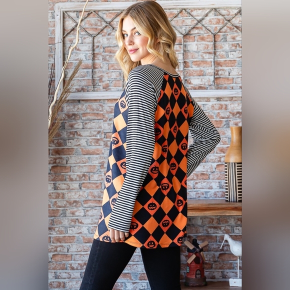 Heimish Full Size Checkered Contrast Striped Long Sleeve T-Shirt - Picture 2 of 8